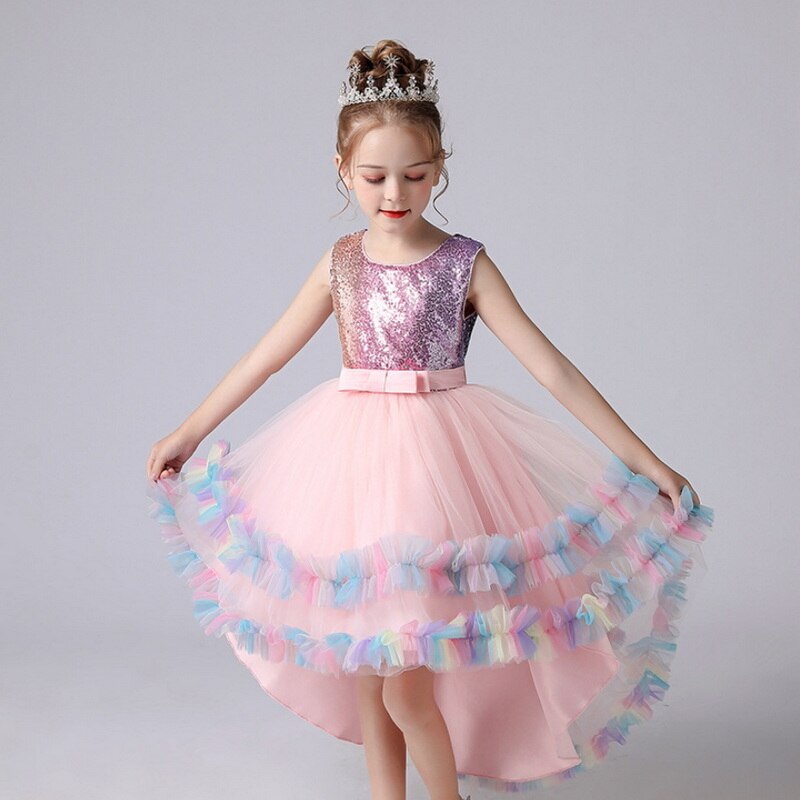 2022 Europe Summer Party Princess Dress Girl Sleeveless Patchwork High Low Girl Dresses Piano Host Birthday Wedding Flower E1803