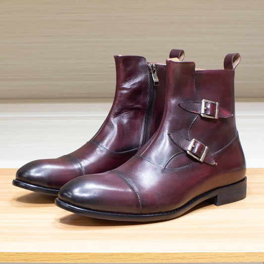 Luxury Men's Winter Ankle Boots Genuine Calf Leather Cap Toe Buckle Zipper Handmade Stitching High Top Motorcycle Boots for Men