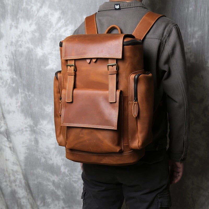 NZPJ Retro Genuine Leather Men's Backpack First Layer Leather Travel Backpack Large Capacity Natural Cowhide Laptop Bag