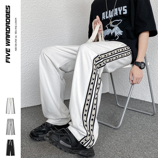 Korean style fashion men's lace-up knitted sweatpants loose straight wide leg pants boy jogging trousers casual pants black grey