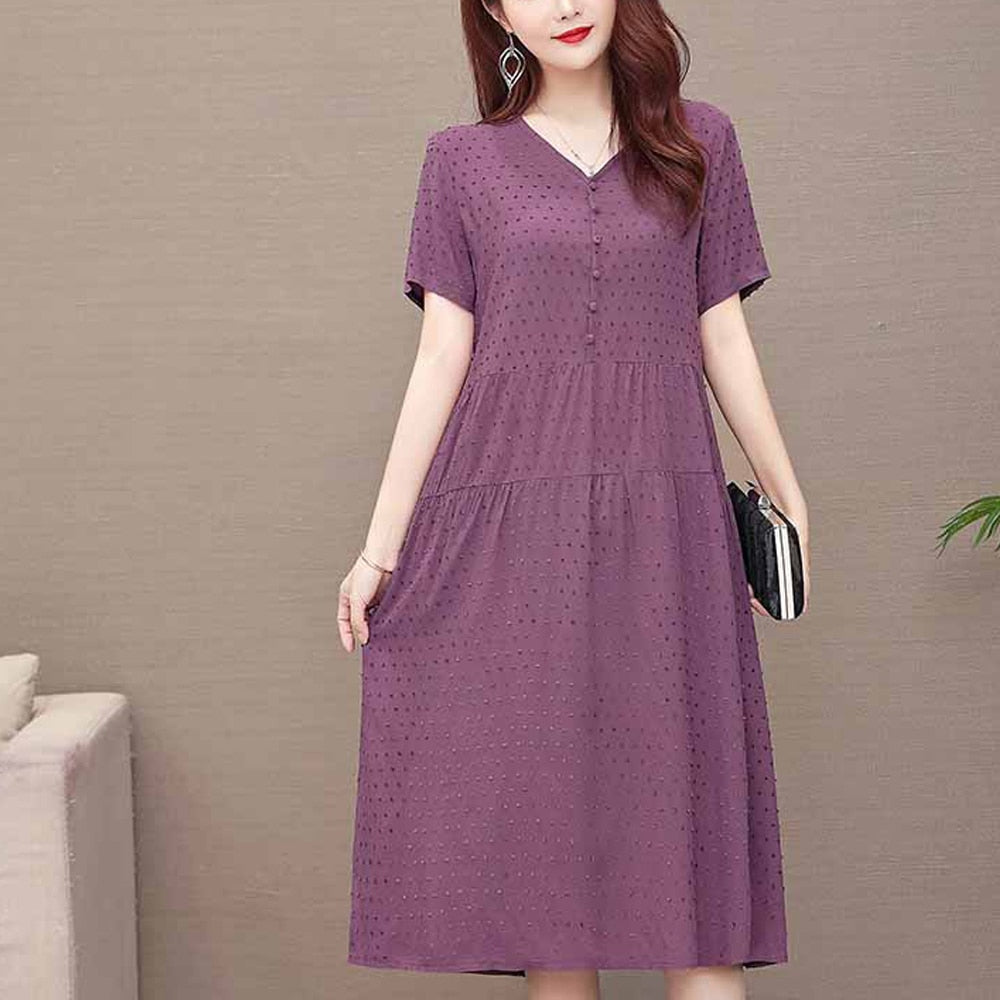 New Fashion Casual Style 2023 Summer Dresses For Women V-neck Cotton Robe Femme Vintage A-line Solid Dress Women Clothing