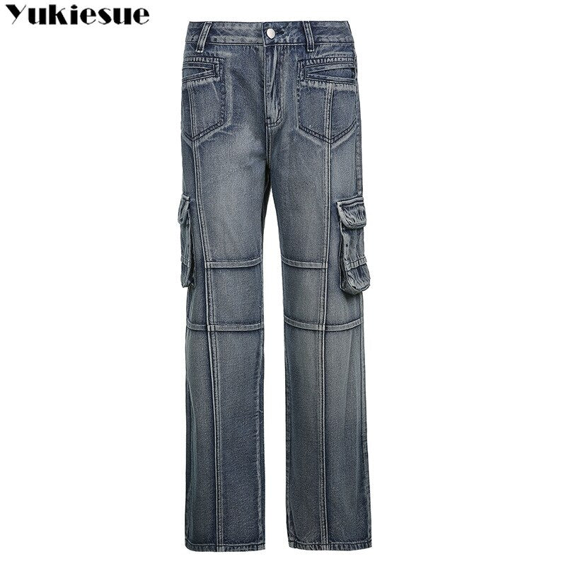 Vintage Jeans woman Low Waisted Pockets Trousers Baggy Casual women Denim Cargo Pants Women Straight Hot Korean Jeans 90s