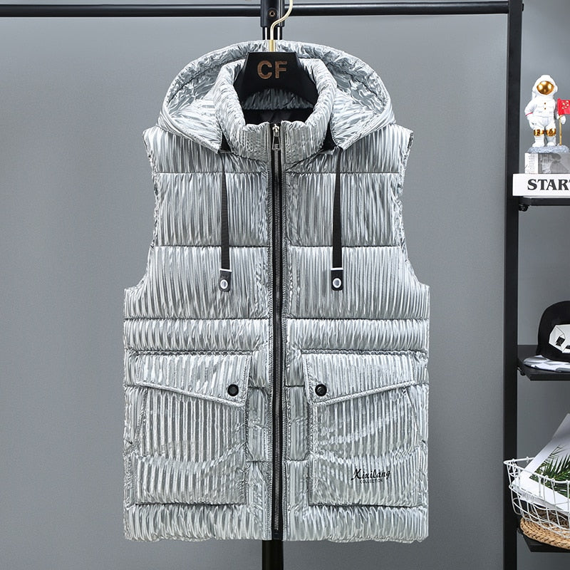 Brand Autumn Winter Men's Vest Hooded 2022 New Solid Color Cotton Sleeveless Coat Thick Warm Zipper Puffer Jacket with Pockets