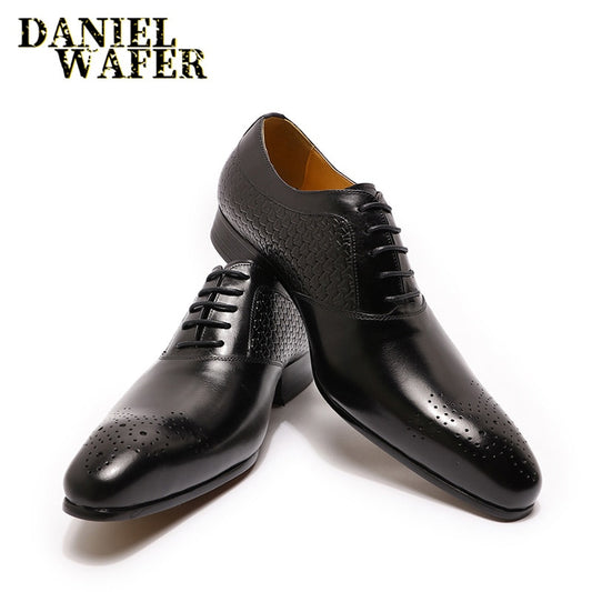 Luxury Mens Oxford Shoes Genuine Leather Prints Brown Black Lace-Up Pointed Toe Office Wedding Dress Formal Oxford Shoes for Men