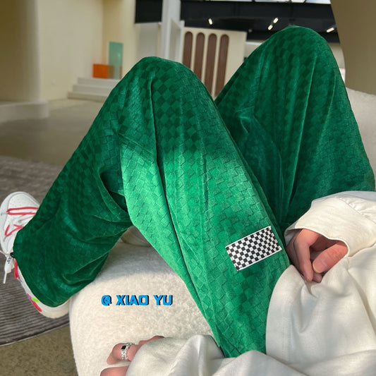 Green high-end velvet pants oversize men's straight wide-leg pants look forward to plaid mopping pants Black khaki 4XL 5XL