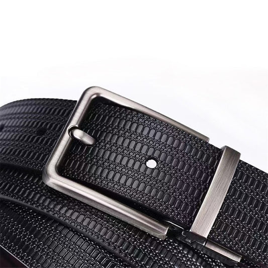 New Business Rotary Buckle Men's Leather Belt Men's Leather Rice Grain Embossed Trousers Belt Leather Belt