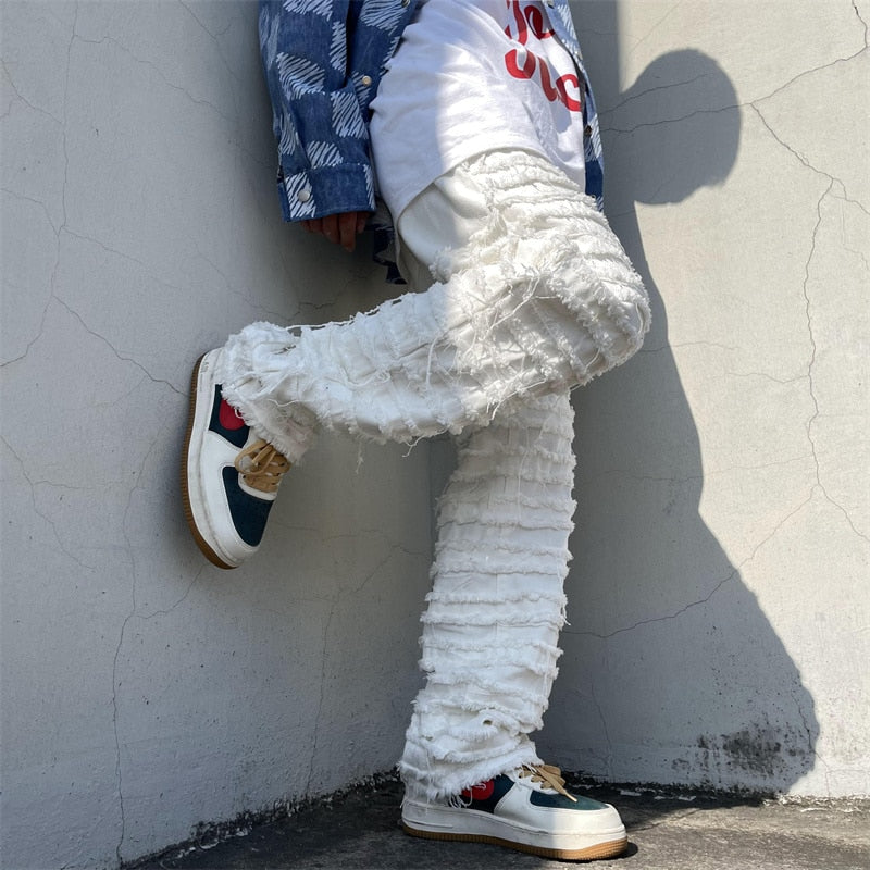 American Street Hip-hop Heavy Industry Ripped Men's Jeans 2023 Spring Straight Loose Vibe Style Skateboard White Flared Pants