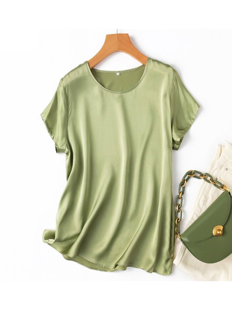 SuyaDream Woman Silk Tee 100%Real Silk Short Sleeved Plain O Neck T Shirt 2022 New Summer Top
