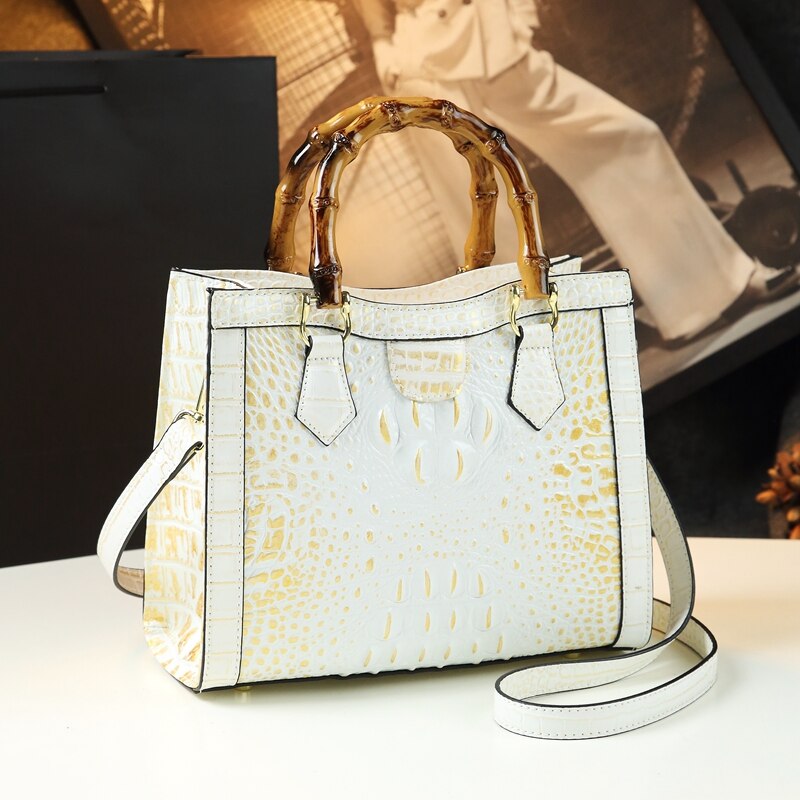 Brand Genuine Leather Bamboo Women's Bag Crocodile Pattern Ladies Handbag Portable Tote Bag Mom Tide Shoulder Messenger Bags