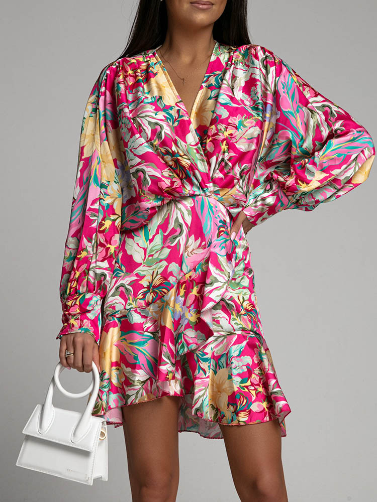 Fashion Ruffle Flower Print Irregular Dress For Women 2022 Spring Autumn Batwing Long Sleeve Elegant Office Ladies Mini Dresses