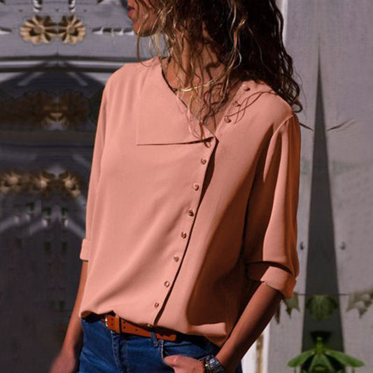 Women's Autumn Chic Skew Collar Irregular Button Shirt Solid Color Spliced Vintage Commute Long Sleeve Blouse Female Clothing