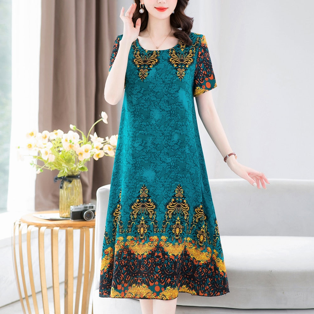 New Fashion 2023 Summer Dress For Long Vintage Loose Women Elegant Short Sleeve Casual O-neck Dresses Print Woman Clothing
