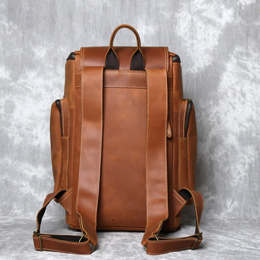 NZPJ Retro Genuine Leather Men's Backpack First Layer Leather Travel Backpack Large Capacity Natural Cowhide Laptop Bag