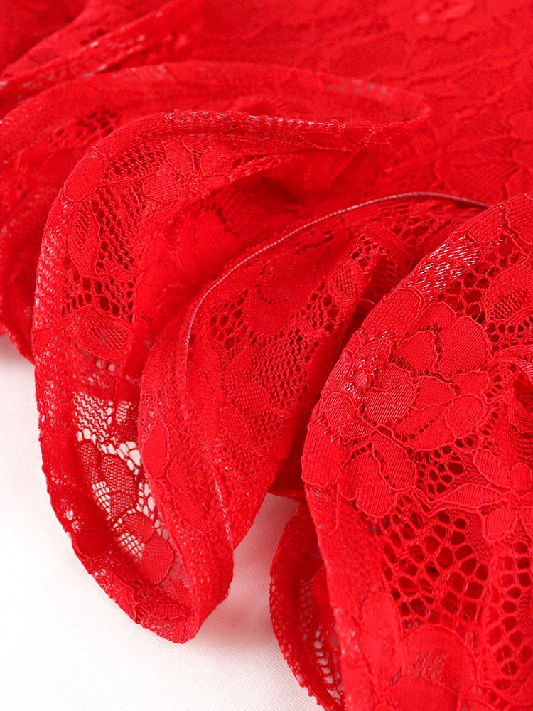 Big Size Women's Red Lace Mini Dress Ruffle Sleeve O Neck Slim Fit Elegant Sexy Dresses for Female Birthday Party 2022 Spring
