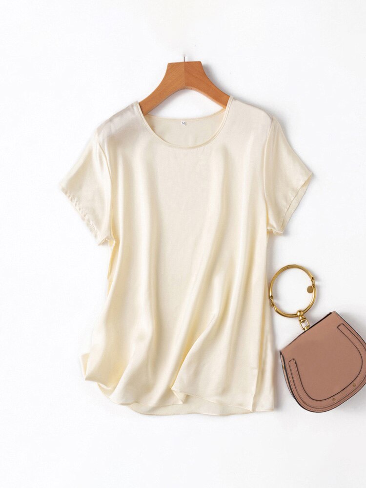 SuyaDream Woman Silk Tee 100%Real Silk Short Sleeved Plain O Neck T Shirt 2022 New Summer Top