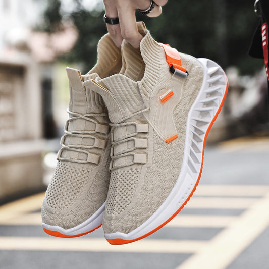 Spring Men's Casual Shoes Solid Mesh Knitted Vamp Slip-On Stretch Breathable Non-slip Fashion Lightweight Male Running Sneakers