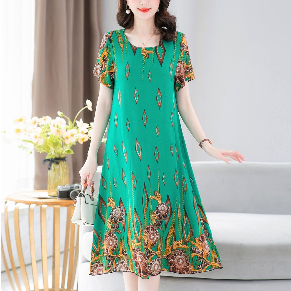 New Fashion 2023 Summer Dress For Long Vintage Loose Women Elegant Short Sleeve Casual O-neck Dresses Print Woman Clothing
