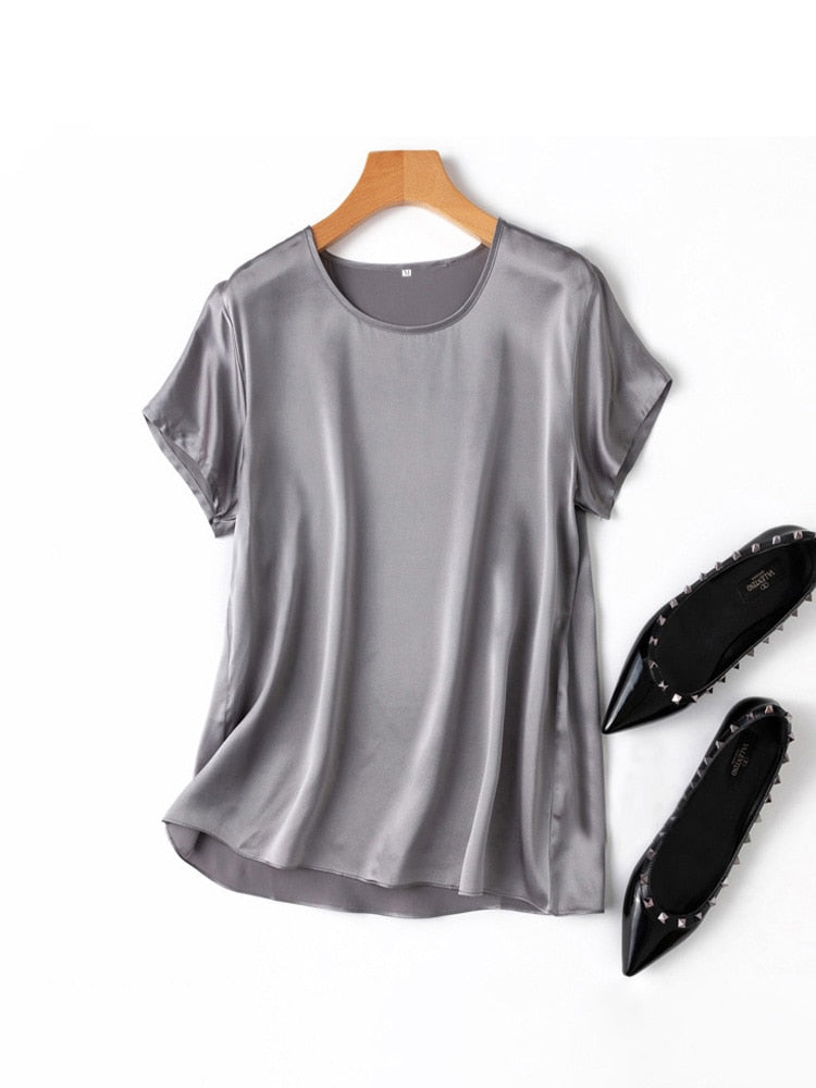 SuyaDream Woman Silk Tee 100%Real Silk Short Sleeved Plain O Neck T Shirt 2022 New Summer Top
