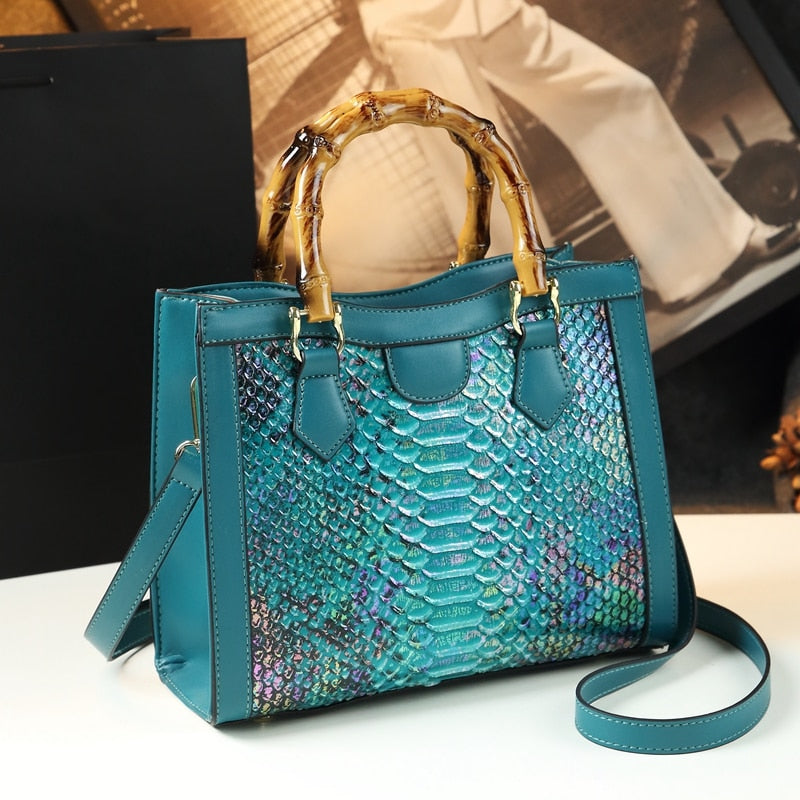 Brand Genuine Leather Bamboo Women's Bag Crocodile Pattern Ladies Handbag Portable Tote Bag Mom Tide Shoulder Messenger Bags