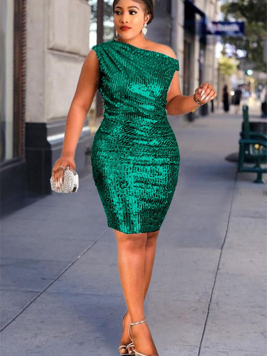 Large Size Sequins Dress Women Club Wear Bodycon One Shoulder Robes Femmes African Sleeveless Mini Inclined Shoulder Ball Gowns