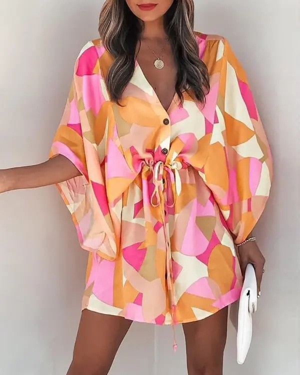 Casual Boho Beach Vacation Mini Dress Women Summer Print Lace Up Button Batwing Sleeve Dresses For Women's Loose  Female Robe