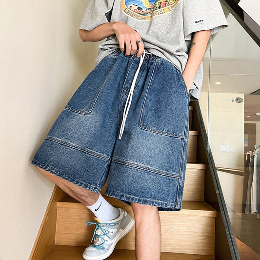 2023 Summer New High Street Casual Versatile Denim Capris Elastic Waist Men's Korean Style Loose Wide Leg Large Pocket Shorts