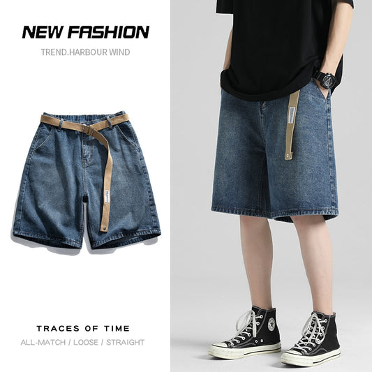 2023 Summer Men's Loose Denim Shorts Fashion Belt Street Boy Casual Baggy Five-point Pants All-match Casual Shorts