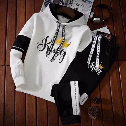 2023 New King Queen Printed Men's Hooded Sweatshirt Sets Splicing Hoodies+ Pants Outfits Spring Fall Man Outdoor Jogging Clothes