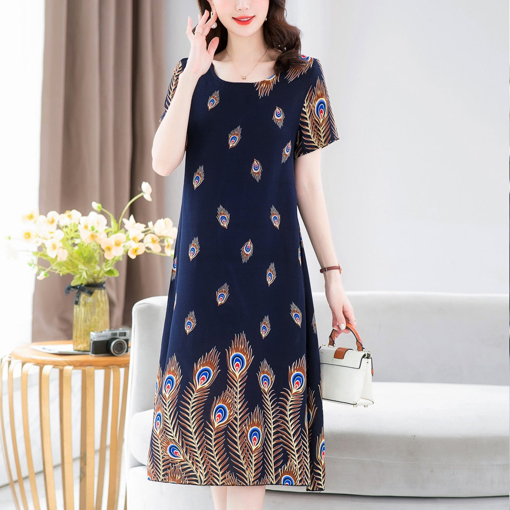 New Fashion 2023 Summer Dress For Long Vintage Loose Women Elegant Short Sleeve Casual O-neck Dresses Print Woman Clothing