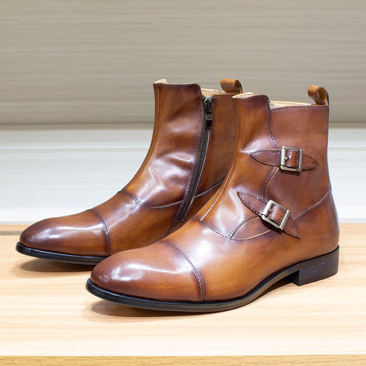 Luxury Men's Winter Ankle Boots Genuine Calf Leather Cap Toe Buckle Zipper Handmade Stitching High Top Motorcycle Boots for Men