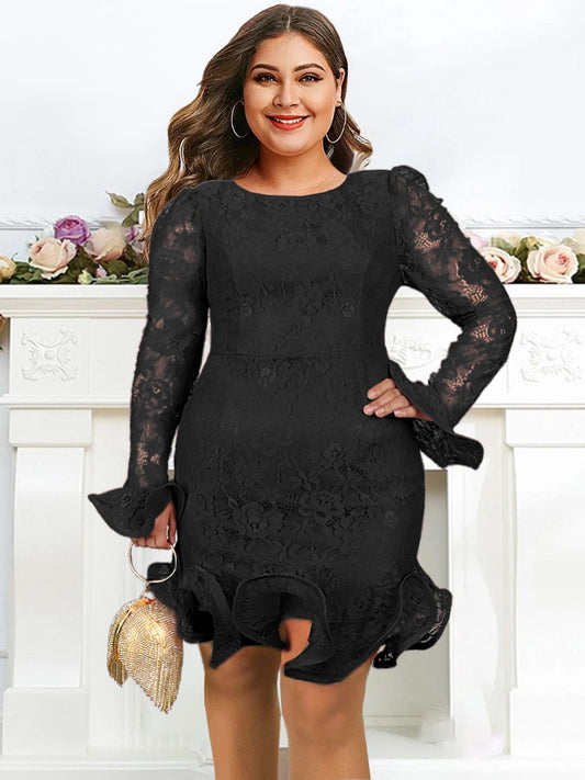 Big Size Women's Red Lace Mini Dress Ruffle Sleeve O Neck Slim Fit Elegant Sexy Dresses for Female Birthday Party 2022 Spring