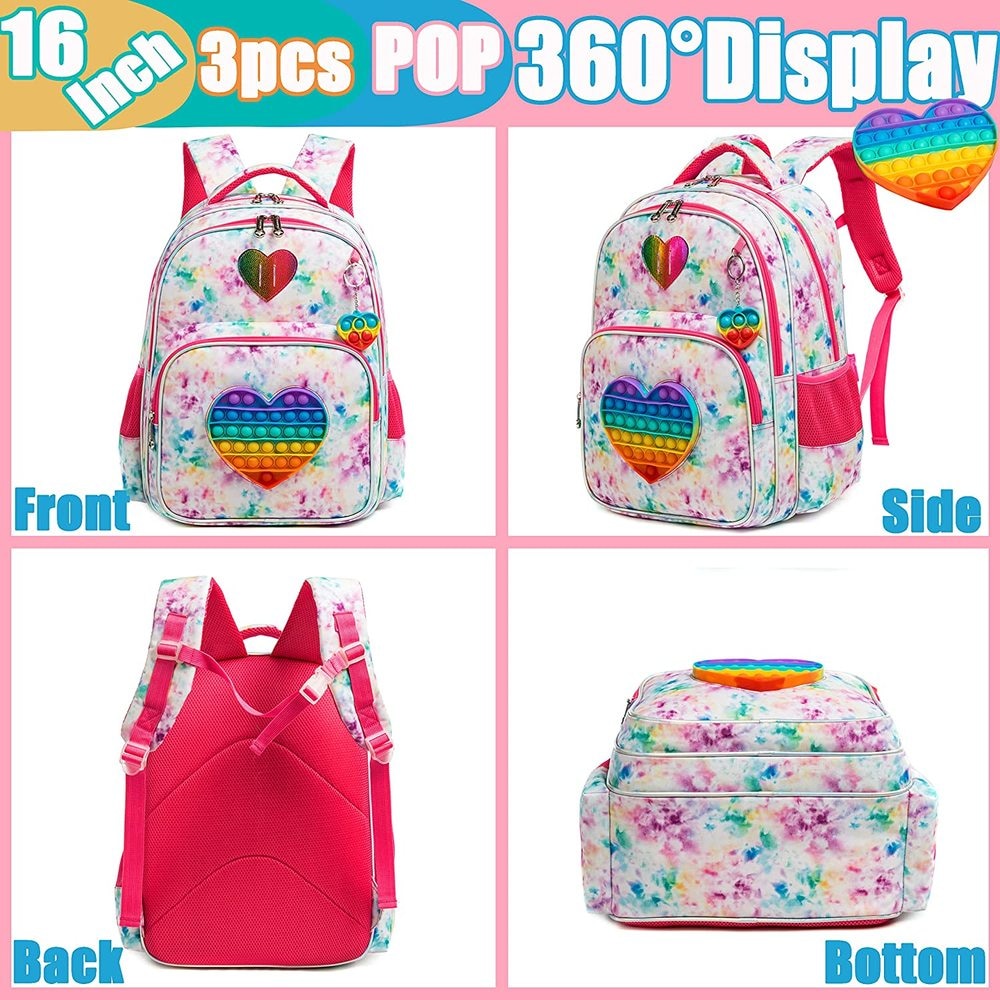 Bikab School Bags 3 In 1 Kids Bags for Girls Kawaii Backpack Waterproof Children School Bags for Girl 16" Bags for Girls Set Bag