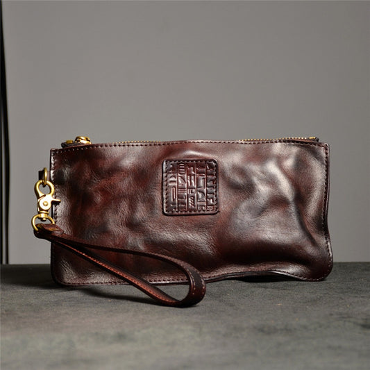 PNDME vintage high quality genuine leather men's clutch bag outdoor casual luxury natural real cowhide party thin phone wallet
