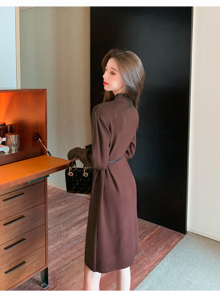 Elegant Women's Dresses for Party 2022  Autumn Winter Female Clothing Solid Dresses Woman with Belt OL Lantern Sleeve Knit Dress