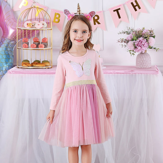 VIKITA Autumn Girls Dress Butterfly Sequins Kids Long Sleeve Dresses Baby Girls Princess Dress Party Clothes Birthday Dresses