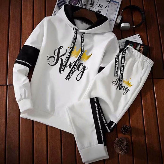 2023 New King Queen Printed Men's Hooded Sweatshirt Sets Splicing Hoodies+ Pants Outfits Spring Fall Man Outdoor Jogging Clothes