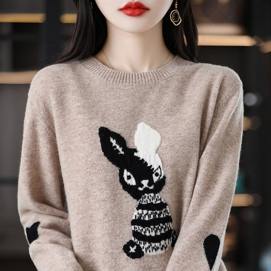 2023 Rabbit New Year Sweater Comfortable And Warm 100% Merino Wool Pullover Korean Fashion Large Women's Top Free Of Freight