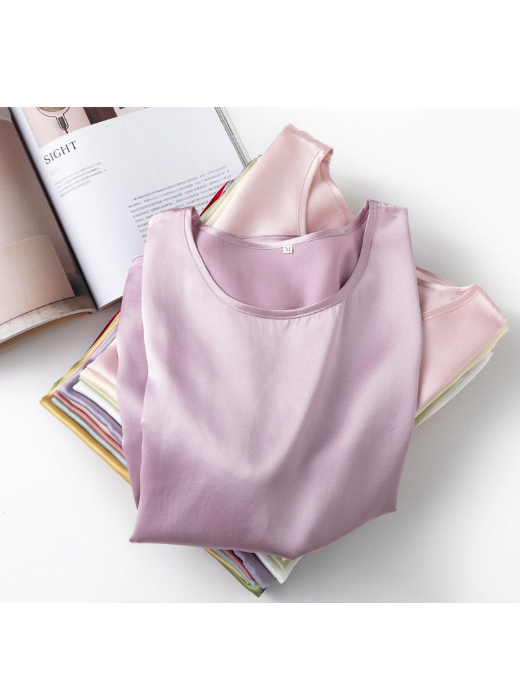 SuyaDream Woman Silk Tee 100%Real Silk Short Sleeved Plain O Neck T Shirt 2022 New Summer Top