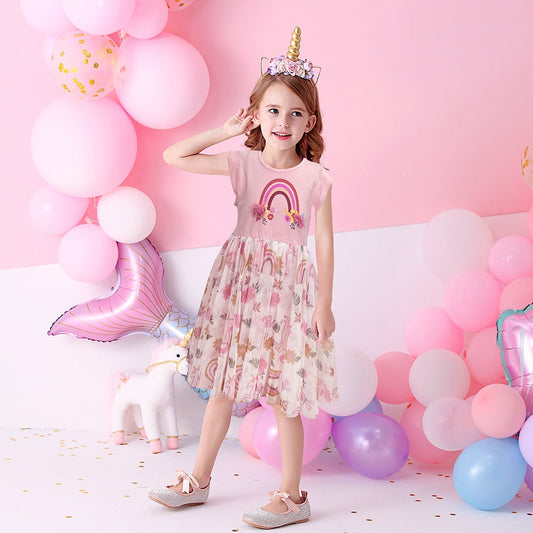 VIKITA 3-8 Years Kids Girls Sleeveless Sequined Floral Shiny Princess Casual Tulle Dress for Birthday Party Summer Prom Clothes