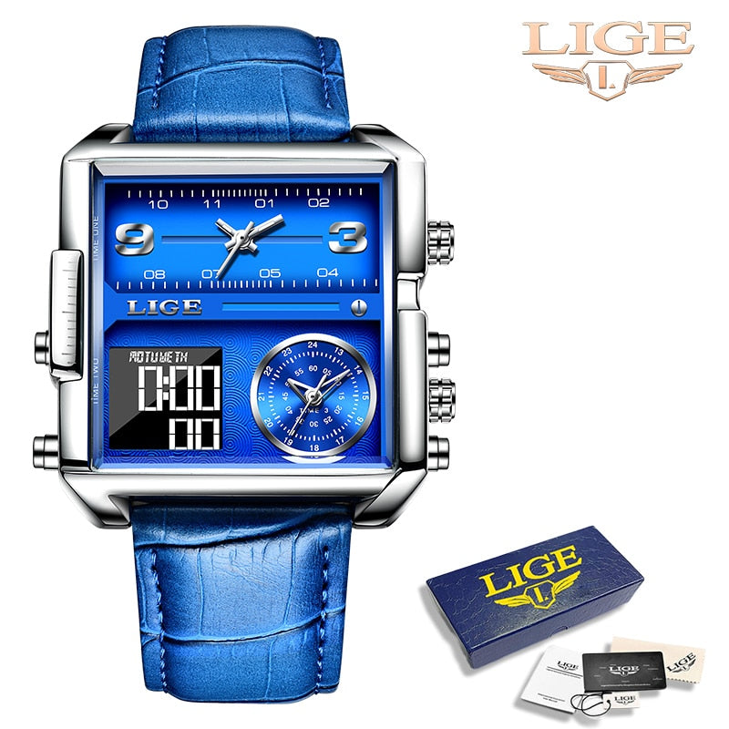 LIGE New Top Brand Luxury Fashion Men Watches Gold Steel Sport Square Digital Analog Big Quartz Watch for Man relogio masculino