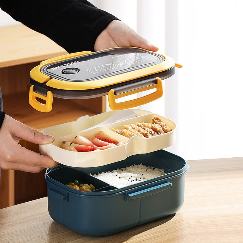 2-Layers Sealed Kids Lunch Box Fruits Food Containers Student Office Worker Microwavable Bento Box With Fork Spoon Fresh-Keeping