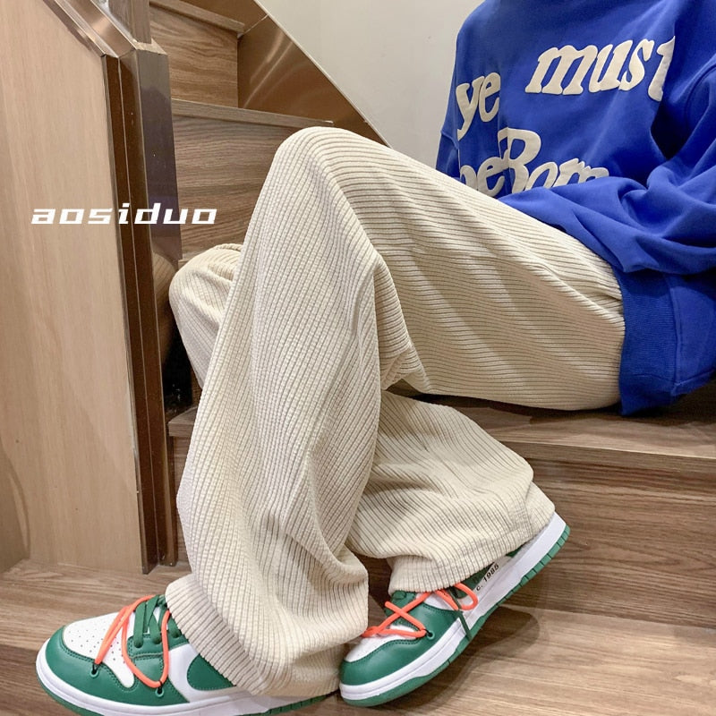 Men's Loose Corduroy Casual Pants Korean Style Outdoor Sports Pants Elastic Waist Straight Leg Wide Leg Pants Black Khaki Brown
