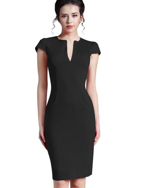 Nice-forever Office Women Vintage Summer Solid Deep V neck Zipper Back Formal Stretch Pencil work Bodycon Pocket Dress 521