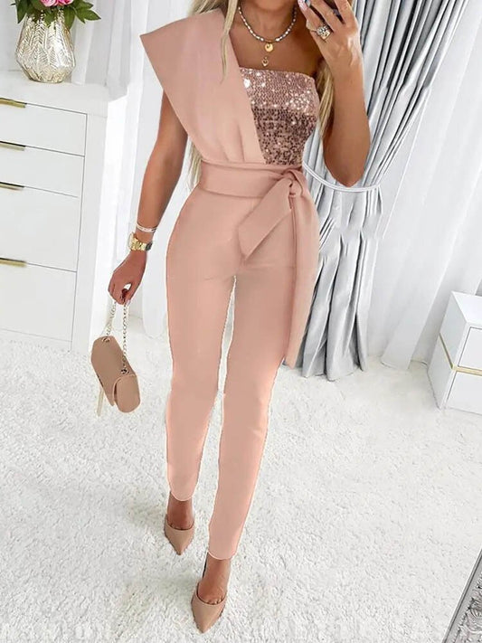 Fashion Patchwork Sequins Autumn Jumpsuit Women Belt Slim Bodycon Rompers Elegant Ladies Sexy One Piece Party Overalls Summer