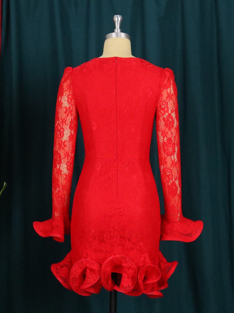Big Size Women's Red Lace Mini Dress Ruffle Sleeve O Neck Slim Fit Elegant Sexy Dresses for Female Birthday Party 2022 Spring