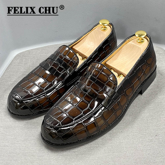 Brand Design Luxury Mens Penny Loafer Genuine Cow Leather Male Dress Shoes Round Toe Alligator Print Wedding Party Shoes for Men