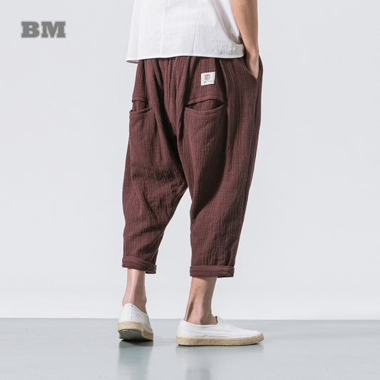 Best Black Linen Cropped Trousers Ethnic Style Harem Pants Mens Baggy Pants Summer Japanese Loose Joggers www.chishtismart.com