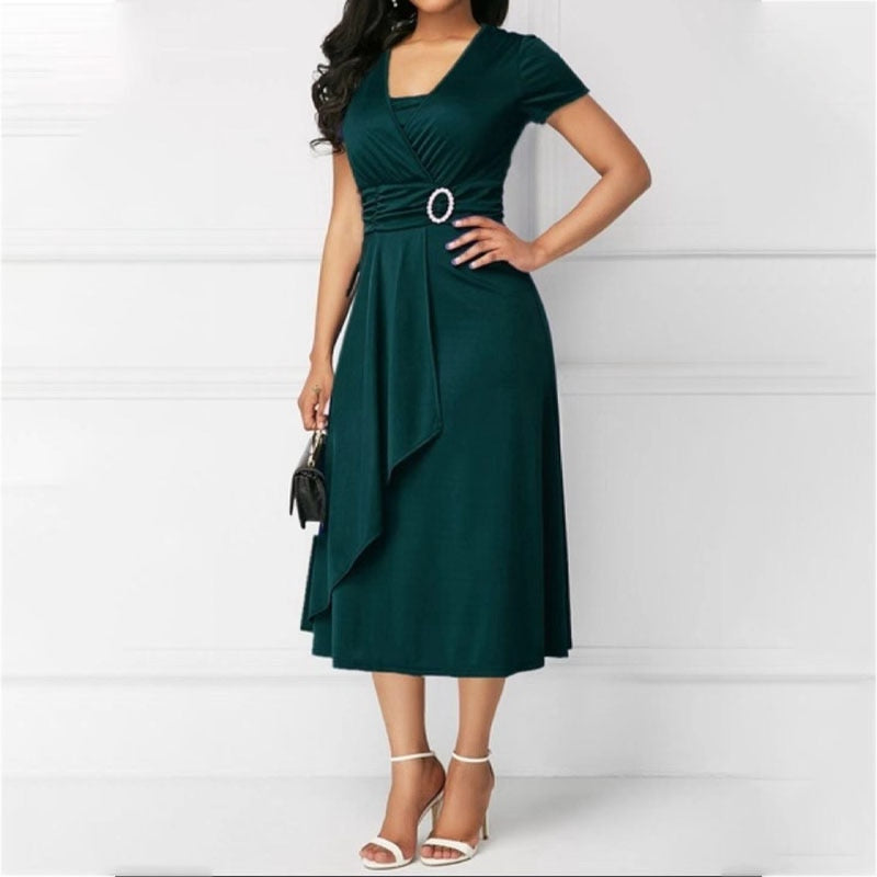 Fashion Elegant Solid Color High Waist Party Dress Women's Clothing Commute Short Sleeve Asymmetrical Patchwork Midi Dresses