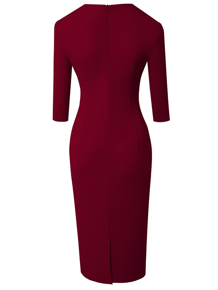 Nice-forever Spring Women Vintage Square Neck Office Dresses Business Formal Elegant Bodycon Slim Dress B688