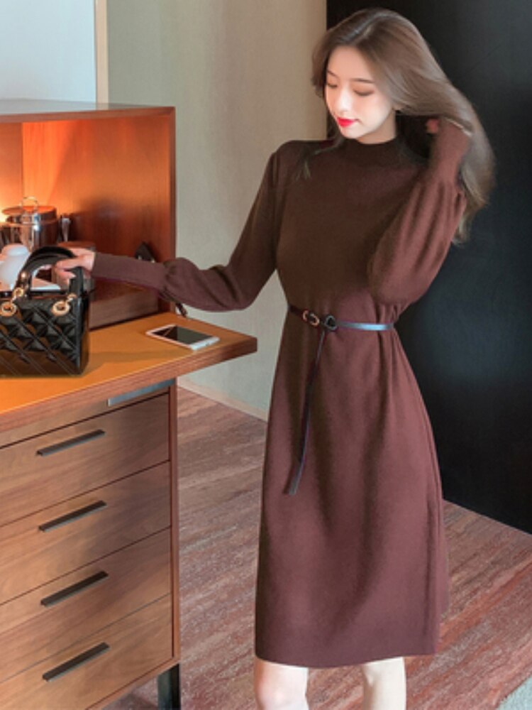 Elegant Women's Dresses for Party 2022  Autumn Winter Female Clothing Solid Dresses Woman with Belt OL Lantern Sleeve Knit Dress